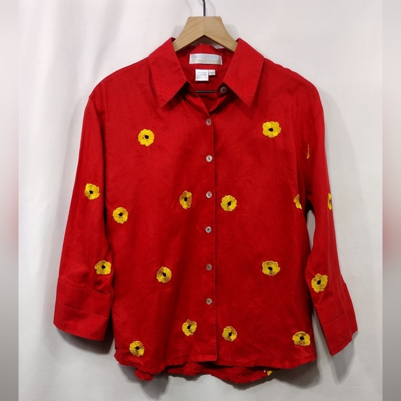 Casey Coleman Tops - Casey Coleman 100% Linen Embroidered Floral Button Shirt Women's S Red Retro